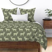 Shaggy Deer on Linen - Large - Dark Forest Green Rustic Cabincore Boys Masculine Men Outdoors Hunting Cabincore