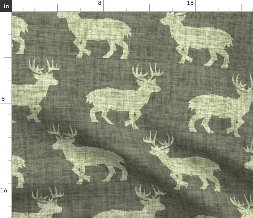 Shaggy Deer on Linen - Large - Dark Forest Green Rustic Cabincore Boys Masculine Men Outdoors Hunting Cabincore