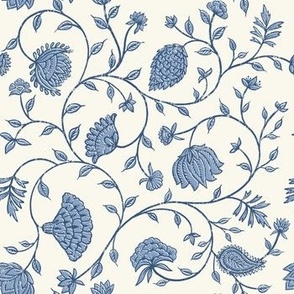 Light blue Indian block print. Traditional ink flowers with leaves.