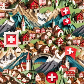 Swiss village folk art paper cut red green