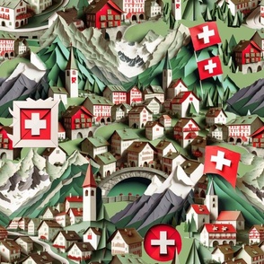 Swiss village folk art paper cut green red