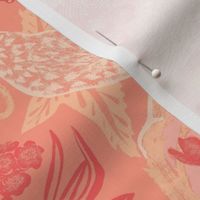 William Morris Inspired Arts and Crafts Nature Themed Block Print for Living Decor, Wallpaper, and Bedding, Featuring Birds, Poppies, and Flora. Peach Fuzz, Pantone 2024