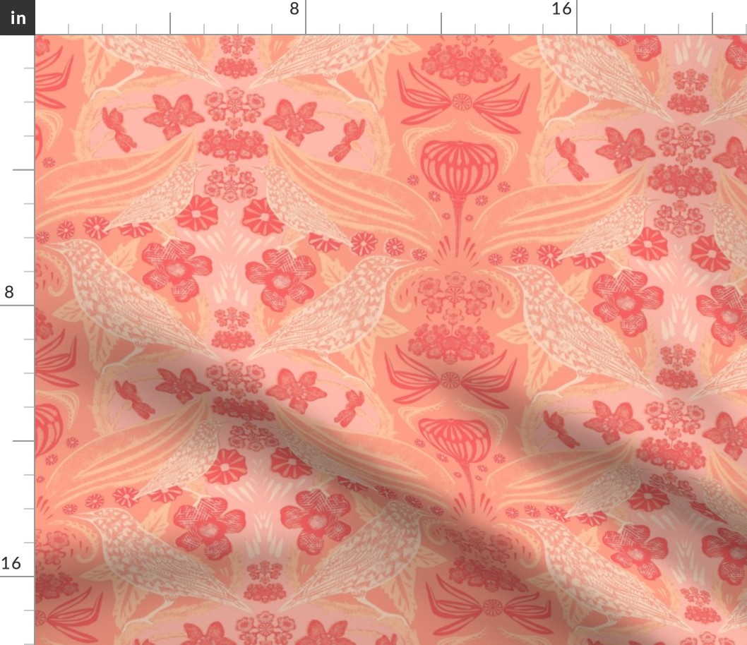 William Morris Inspired Arts and Crafts Nature Themed Block Print for Living Decor, Wallpaper, and Bedding, Featuring Birds, Poppies, and Flora. Peach Fuzz, Pantone 2024