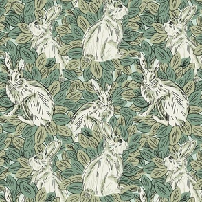 Hiding hares  -  olive green, sage green,  cream      // Big scale 