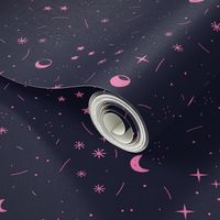 Midnight moon - solstice stars and magic universe design pink on navy blue 