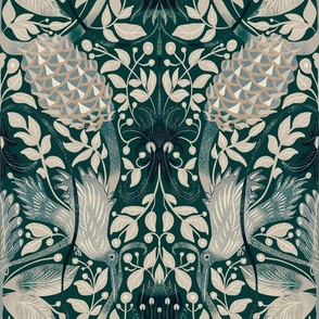 Botanical seamless pattern with flowers and birds in green and beige colors