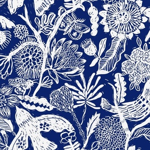 Linocut Block print Florals _ blue and white_Large