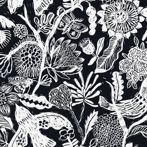Linocut Block print Florals _ black and white_Large