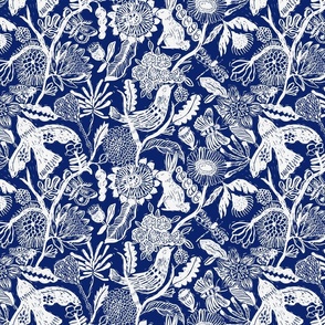 Linocut Block print Florals _ blue and white_medium