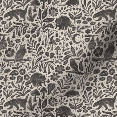 Nocturnal Forest Animals - woodland raccoons, mice, opossums, badgers, bats, owls - textured linocut - charcoal black and cream - small