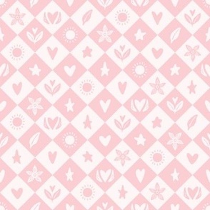 Borage Flowers, Hearts, and Stars Diamond Blocks - Blush Pink - Medium Scale - Pastel Design for Kids Nursery Decor