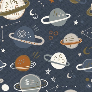 Navy galaxy outer space wallpaper - jumbo size planets moon and stars - retro kids outer space galaxy