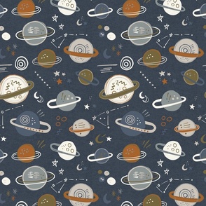 Navy galaxy outer space children's fabric - galaxy with planets moon and stars - retro kids outer space galaxy