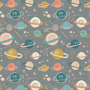 Galaxy outer space children's fabric - galaxy with planets moon and stars - retro kids outer space galaxy