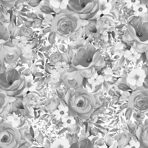 Gray Rose Poppies Petunias Floral Botanical 