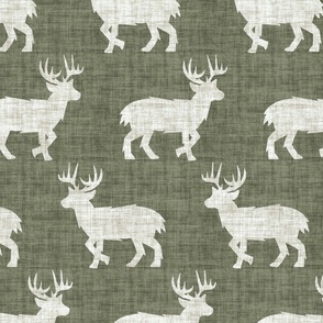 Shaggy Deer on Linen - Large - Dark Forest Green Cream Animal Rustic Cabincore Boys Masculine Men Outdoors Hunting Cabincore