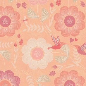 Warm and cozy pantone peach fuzz flowers garden with hummingbirds & bees