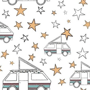 Starry camper nights, small, white, black outline, Westfalia vintage charm, camping under celestial summer skies, cosmic adventures, retro retreats.