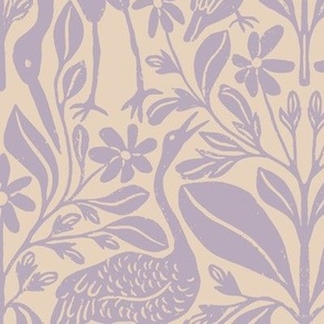 Crane Pond in Cream and Purple | Small Version | Chinoiserie Style Pattern at an Asian Teahouse Garden