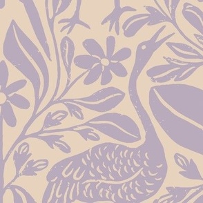 Crane Pond in Cream and Purple | Medium Version | Chinoiserie Style Pattern at an Asian Teahouse Garden