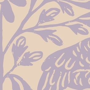 Crane Pond in Cream and Purple | Large Version | Chinoiserie Style Pattern at an Asian Teahouse Garden