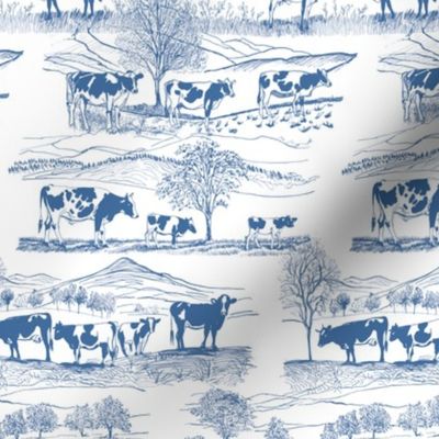 cows in the field blue western toile