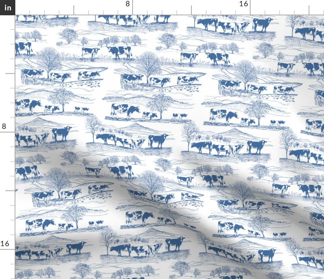 cows in the field blue western toile