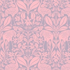 Crane Pond in Pink and Purple | Small Version | Chinoiserie Style Pattern at an Asian Teahouse Garden