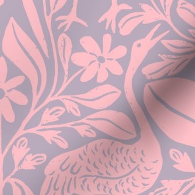 Crane Pond in Pink and Purple | Medium Version | Chinoiserie Style Pattern at an Asian Teahouse Garden