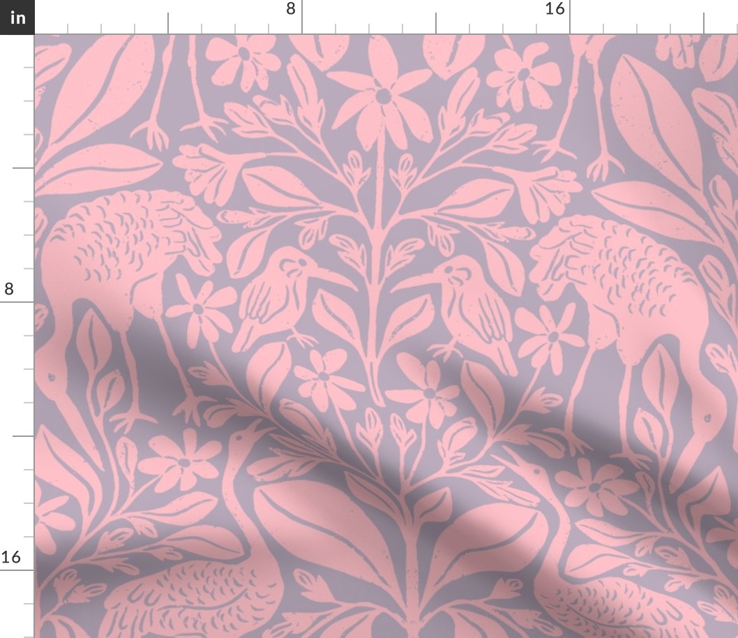 Crane Pond in Pink and Purple | Medium Version | Chinoiserie Style Pattern at an Asian Teahouse Garden