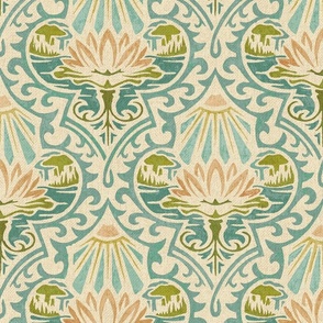 Block Print Waterlily Teal and Apricot Damask (Medium Scale)