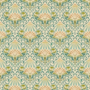 Block Print Waterlily Teal and Apricot Damask (Small Scale)