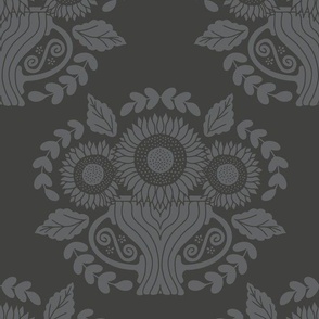 Medium Traditional Damask Sunflower Floral in Charcoal Gray Black