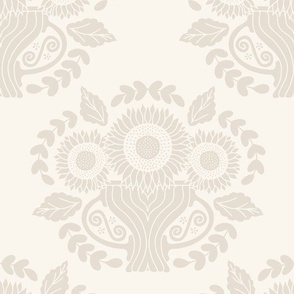 Medium Traditional Damask Sunflower Floral in Ivory Cream White