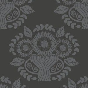 Small Traditional Damask Sunflower Floral in Charcoal Gray Black