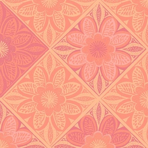 Sweet Peach Fuzz tropical flowers block print style  - orange pink - large scale