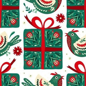 Folk Christmas Bird and Gift. Scandinavian Nordic Texture