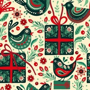 Folk Christmas Bird and Gift. Scandinavian Nordic Texture