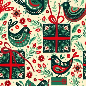 Big Size. Folk Christmas Bird and Gift. Scandinavian Nordic Texture