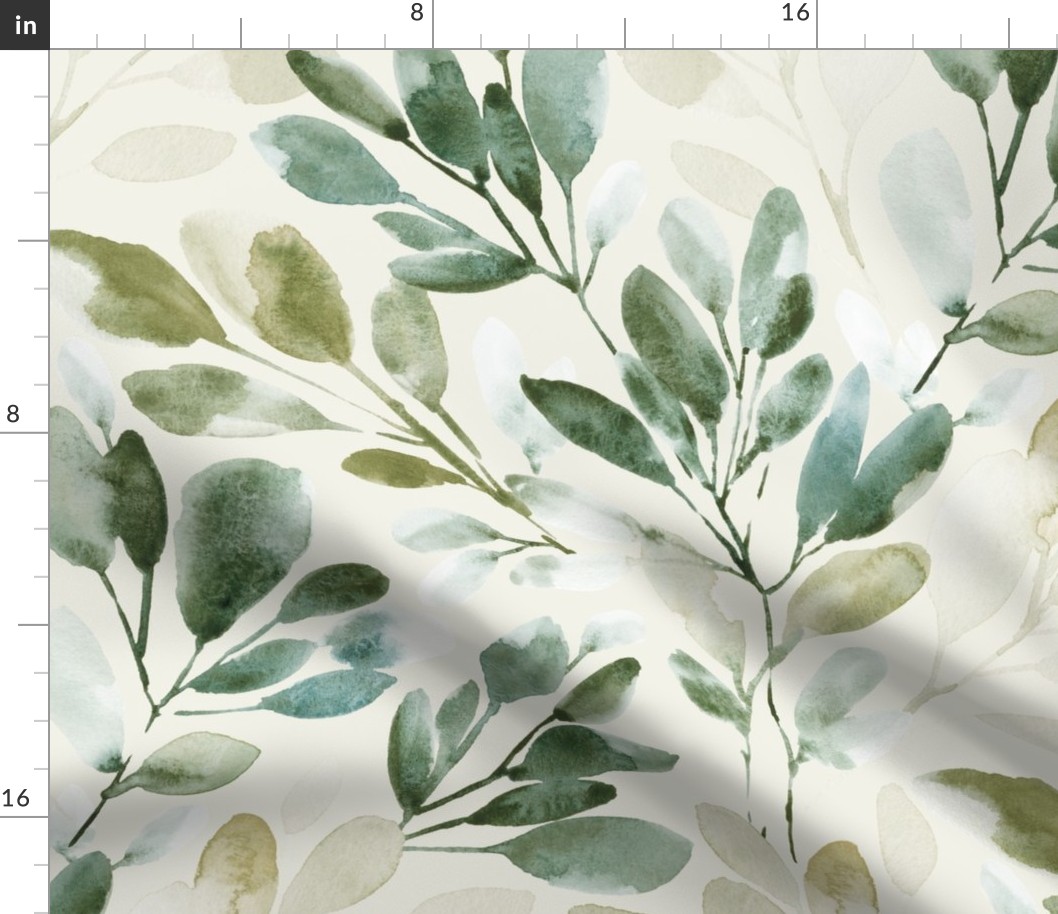WATERCOLOR SPRIGS GREEN WITH CREAM BKG LARGE
