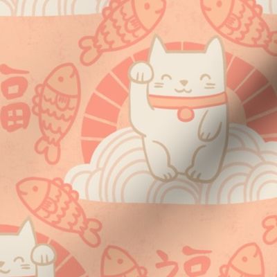 Lucky cat and fish - maneki neko - good fortune - pink, white - Japan, oriental, Asian, chinese