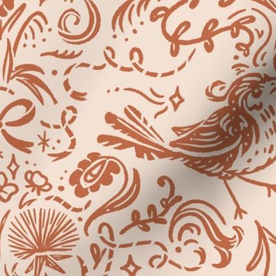 Woodland Starlings Damask | Topaz Brown and Ecru Cream | Coquette, Bows and Ribbons, Historical Birds, Gothic Revival, Medieval, Fluer-de-lis, French, Magic Stars