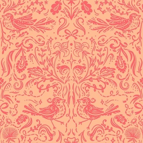 Woodland Starlings Damask | Peach Fuzz and Watermelon Pink | Coquette, Bows and Ribbons, Historical Birds, Gothic Revival, Medieval, Fluer-de-lis, French, Magic Stars
