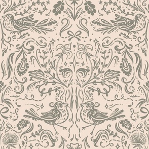 Woodland Starlings Damask | Antique Green Pewter and Ecru Cream | Coquette, Bows and Ribbons, Historical Birds, Gothic Revival, Medieval, Fluer-de-lis, French, Magic Stars