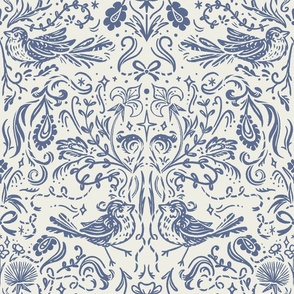 Woodland Starlings Damask | Classic Blue Nova and Ecru Cream | Coquette, Bows and Ribbons, Historical Birds, Gothic Revival, Medieval, Fluer-de-lis, French, Magic Stars