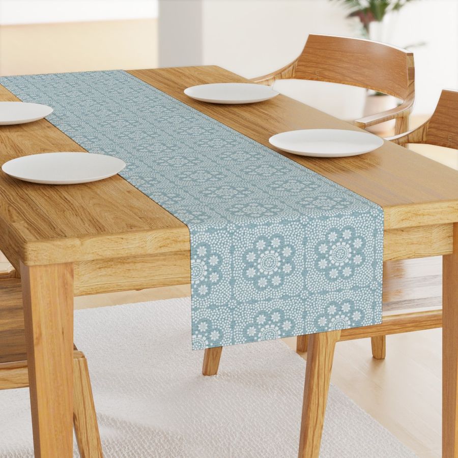 Block print dots and flowers aqua white, coastal home