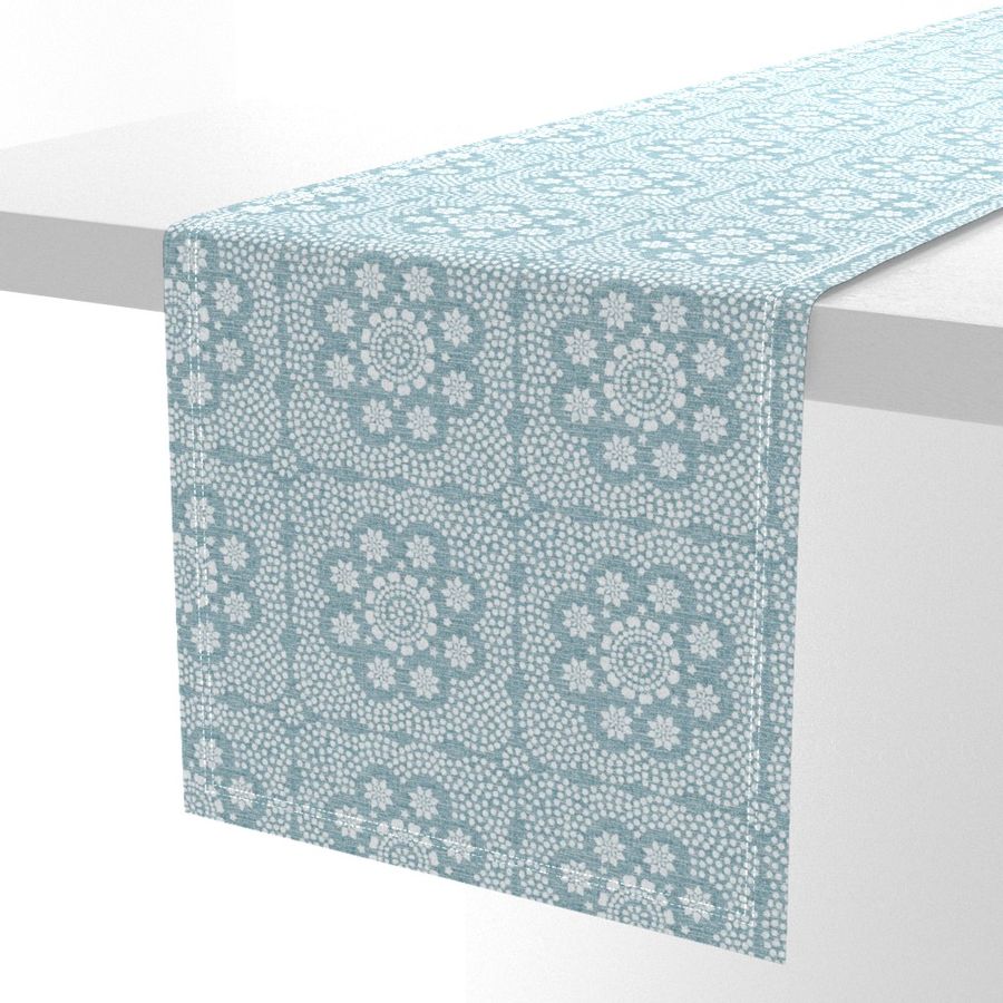 Block print dots and flowers aqua white, coastal home