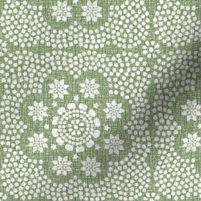 Block print dots and flowers in a green white color