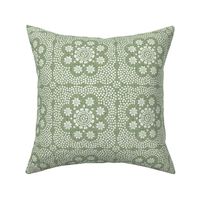 Block print dots and flowers in a green white color