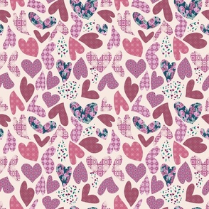 Hearts in crimson red, purple and pink - feminine and cute - patchwork style